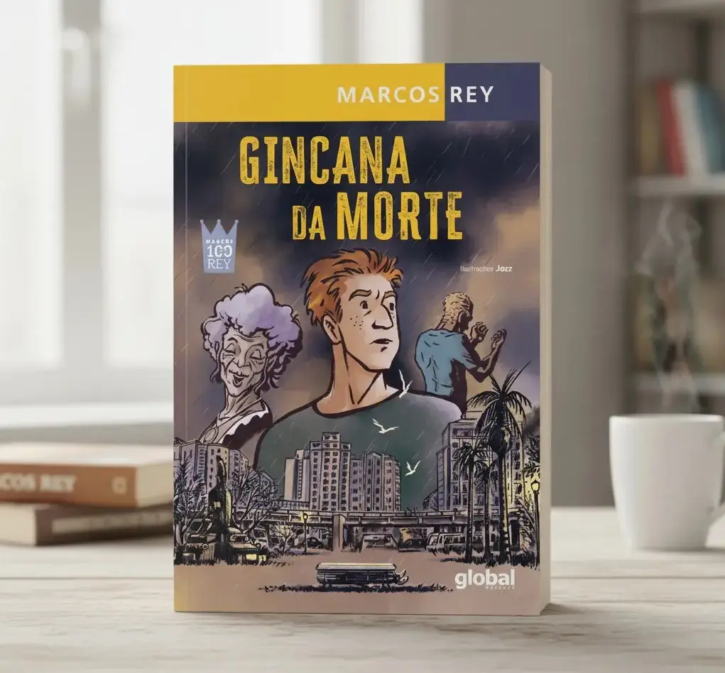 capa do livro A Gincana da Morte de Marcos Rey, ilustrações de Jozz, Global Editora.